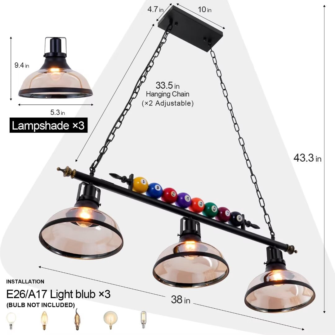 KPIBEST  3 Light Vintage Hanging Pool Table Chandelier with Clear Glass Lampshade, Special Billiard Decorative Chandelier for Game Room Kitchen Club