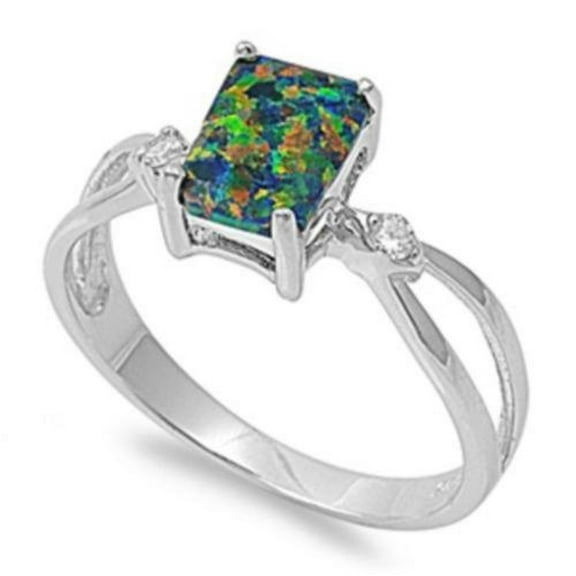 Rectangular Center Black Simulated Opal Ring Sterling Silver Size 10