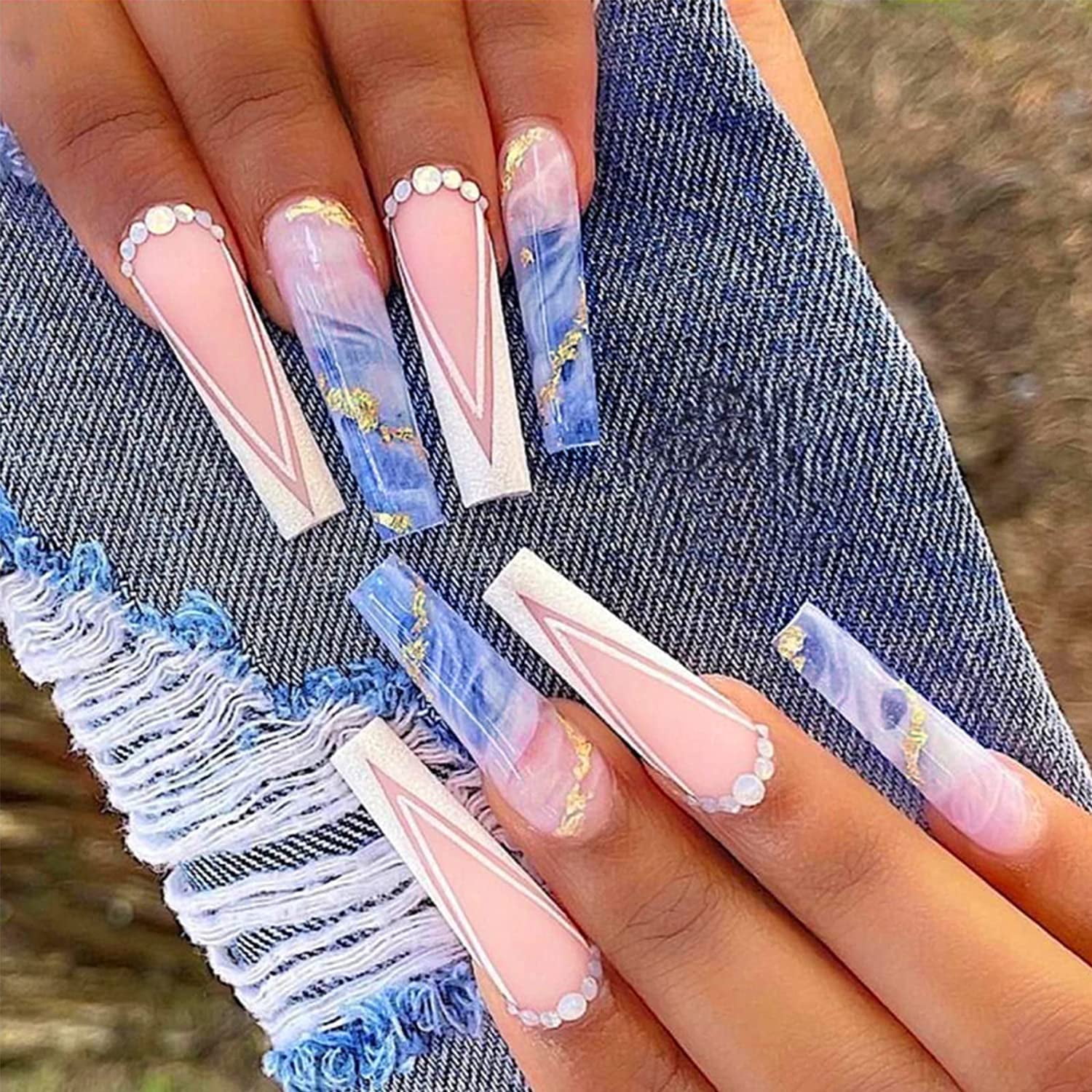 French Tip Press on Nails Long with Designs Blue Watercolor False Fake