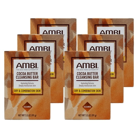 AMBI Cocoa Butter Cleanse Bar Soap, Hydrating Formula for Dry & Combination Skin, 3.5 OZ, - 6 Pack