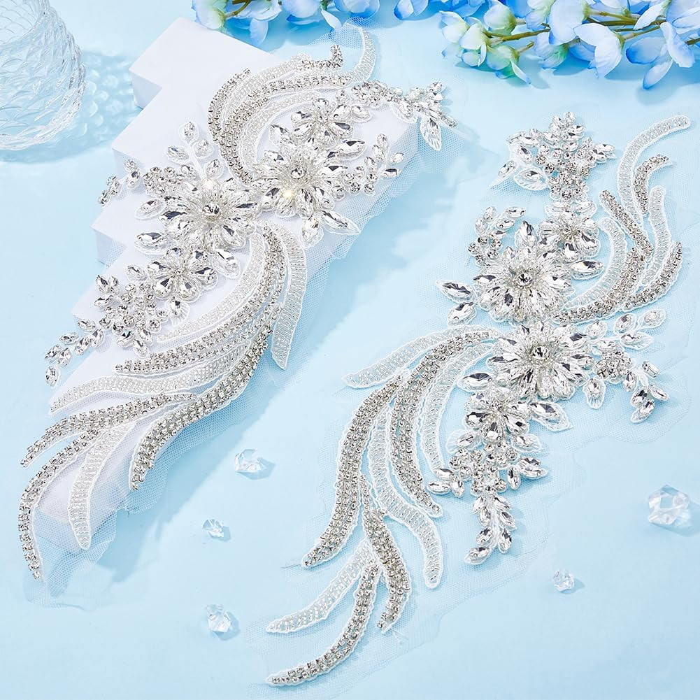 2Pcs Flower Lace Bead Applique Handmade Rhinestones Appliques Embroidery Floral Patch Sewing Beads Trim Patch Sparkly Sequins Beaded Applique for DIY
