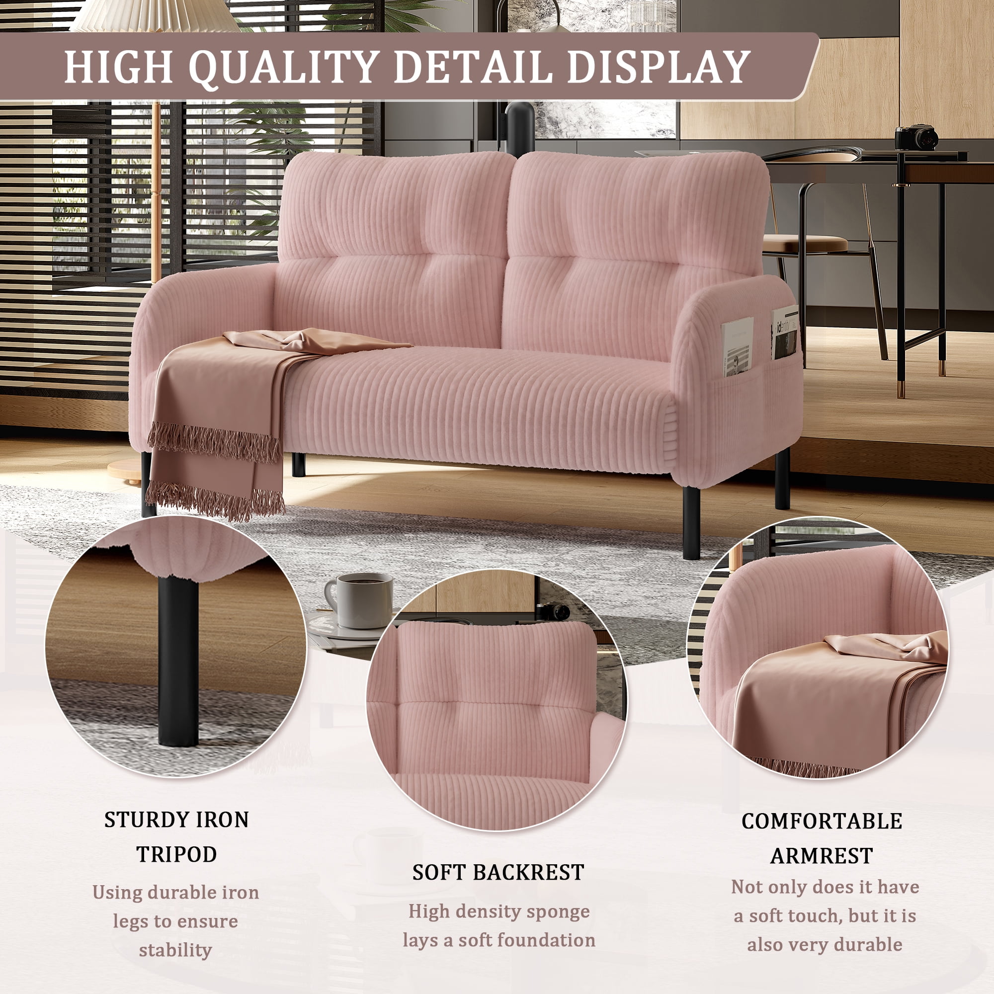Sofa for Living Room, Corduroy Sofa, Double Seater Sofa with Side Pockets and Ergonomic Support, High Density Foam, Modern Monochrome Design, Pink Corduroy Fabric