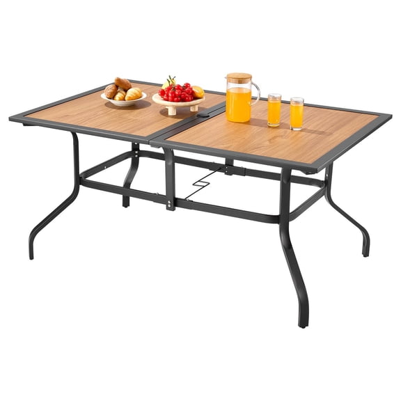 Large Rectangular Patio Dining Table for 4-6, 59" Wood-Like Steel Outdoor Table with 1.5" Umbrella Hole