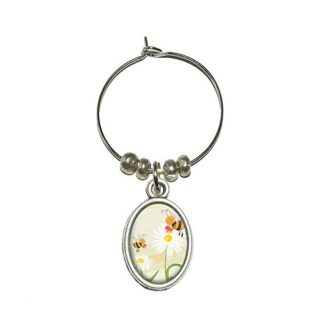 Bumble Bees and Ladybugs on Daisies - Flowers Oval Wine Glass Charm