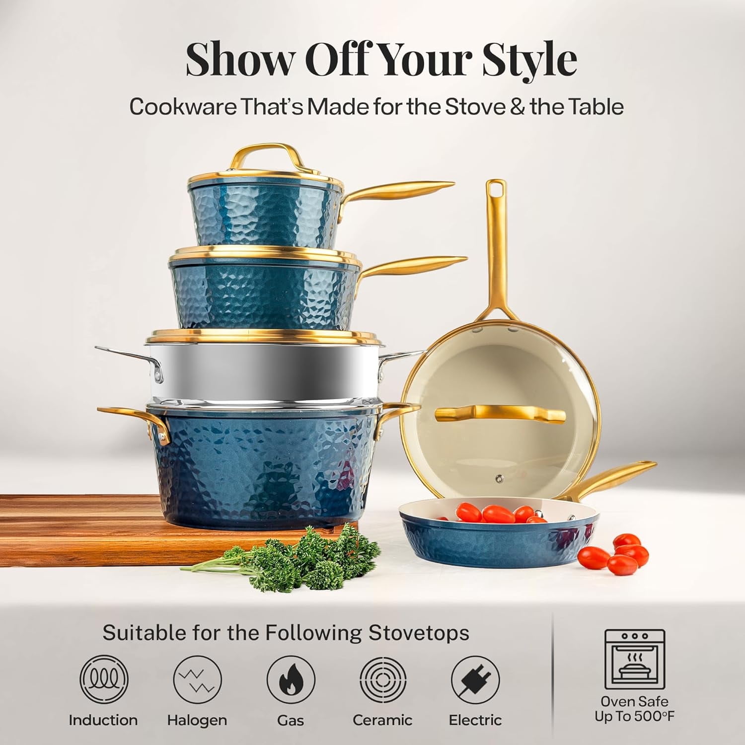 Gotham Steel Hammered 20 Pc Ceramic Cookware Set Nonstick, Induction Pots and Pans Set, Non Toxic Cookware Sets, Oven & Dishwasher Safe, Navy/Gold