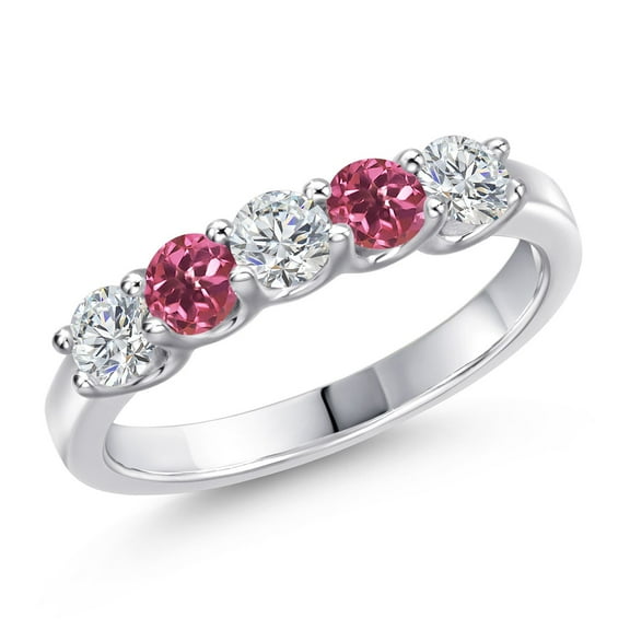Gem Stone King 925 Sterling Silver Lab Grown Diamond and Pink Tourmaline Wedding-Bands Ring for Women | 0.81 Cttw | Round 3.5MM | Gemstone April Birthstone | Size 7