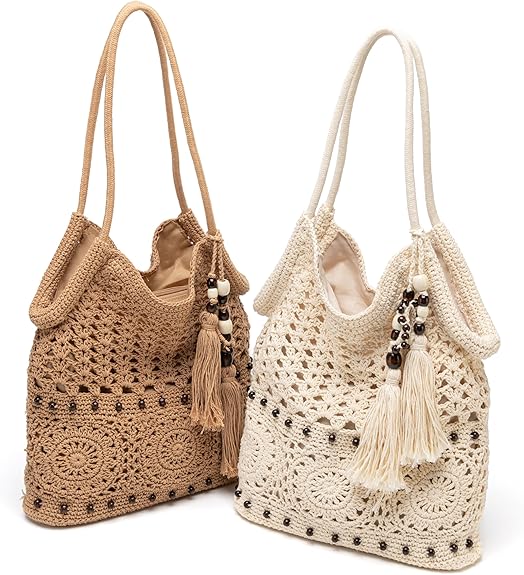 Crochet Hobo Bag for Women Boho Woven Tote Bag Summer Vacation Beach Handbags Bohemian Shoulder Purse with Tassels