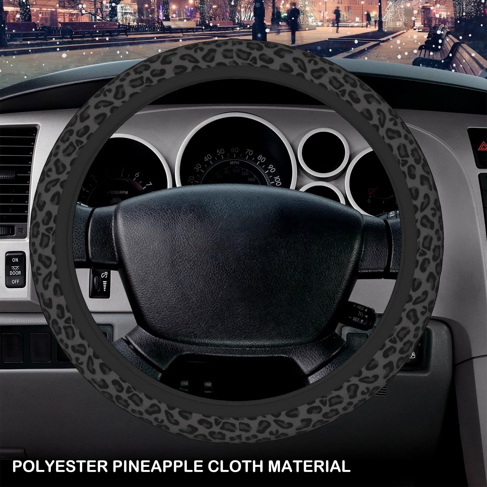 Car Steering Wheel Cover with 2 Pcs Car Coasters, Black Leopard Cheetah Print Car Accessories Decorations for Women, Fit 14.5-15 Inch Auto, Suvs, Truck