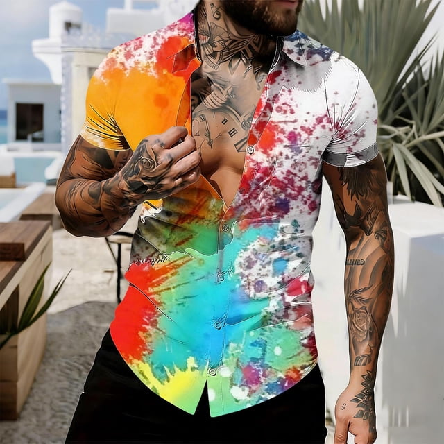 Ceisia Tie Dye Print Short Sleeve Button-Down Shirts for Men Slim Fit Casual Summer Beach Tops Red L Gifts