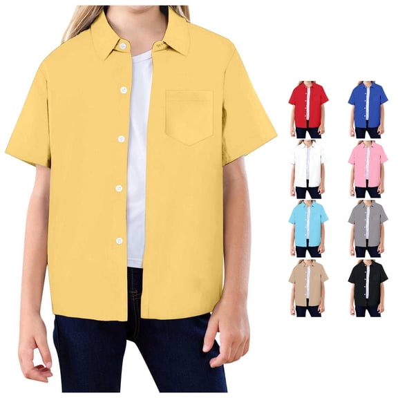 Gyujnb Lapel Short Sleeve Pocket Button Down Shirt School Uniform Casual Daily Wear (Little Girls, Big Girls),3-4 Years