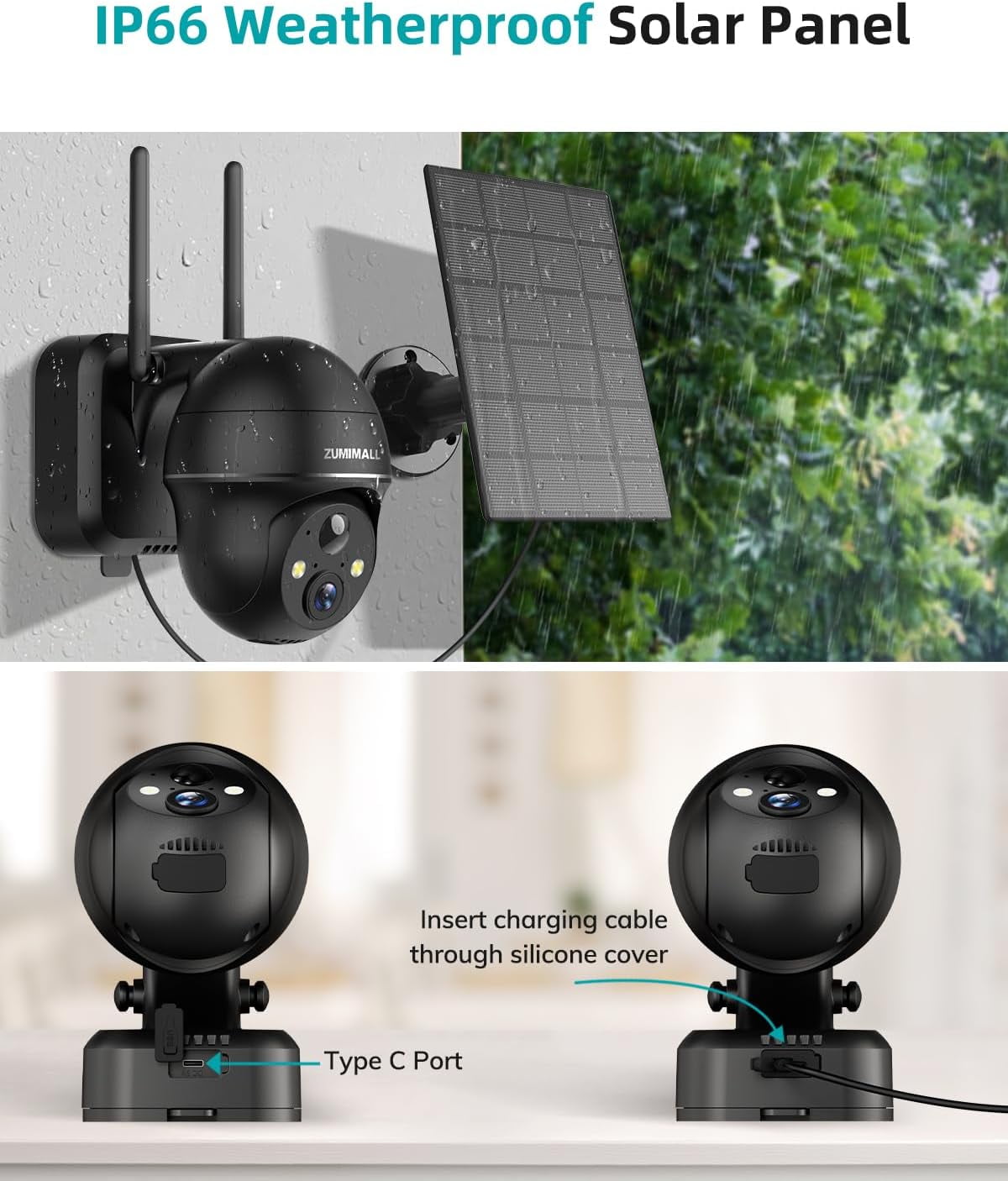 ZUMIMALL 3W Solar Panel for Security Cameras, IP66 Waterproof Solar Panel with 10ft Type C Cable,Black (Type C Port)