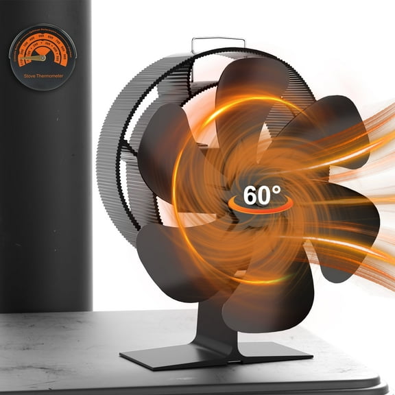 Wood Stove Fan 60° Oscillating Large Size, 6 Blades Heat Powered Stove Fan, Silent Eco Stove Top Fans with Thermometer, Non Electric Fireplace Fan for Heat Distribution in Fireplaces and Wood Stoves
