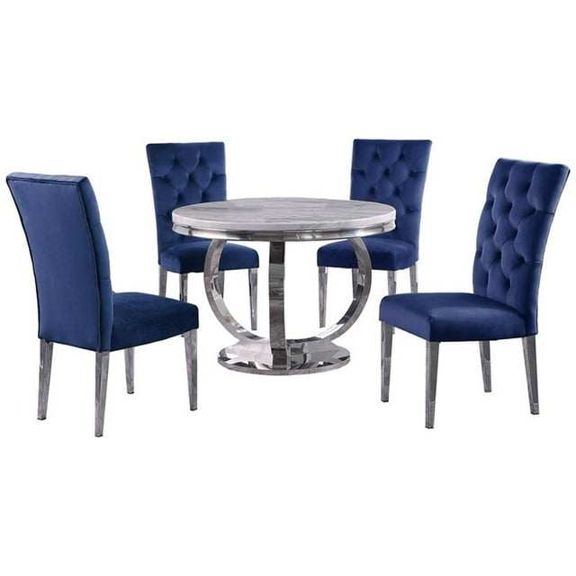 Layla Ensemble de Salle à Manger Rond Moderne en Faux Marbre, 5 Pcs, Bleu