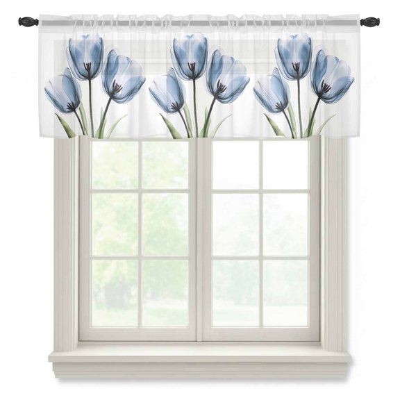 Blue Tulip Sheer Valances for Windows Flower Farmhouse Semi Sheer Kitchen Valance Rod Pocket Small Window Voile Curtains for Living Room Bedroom Laundry 42 x 18 Inch