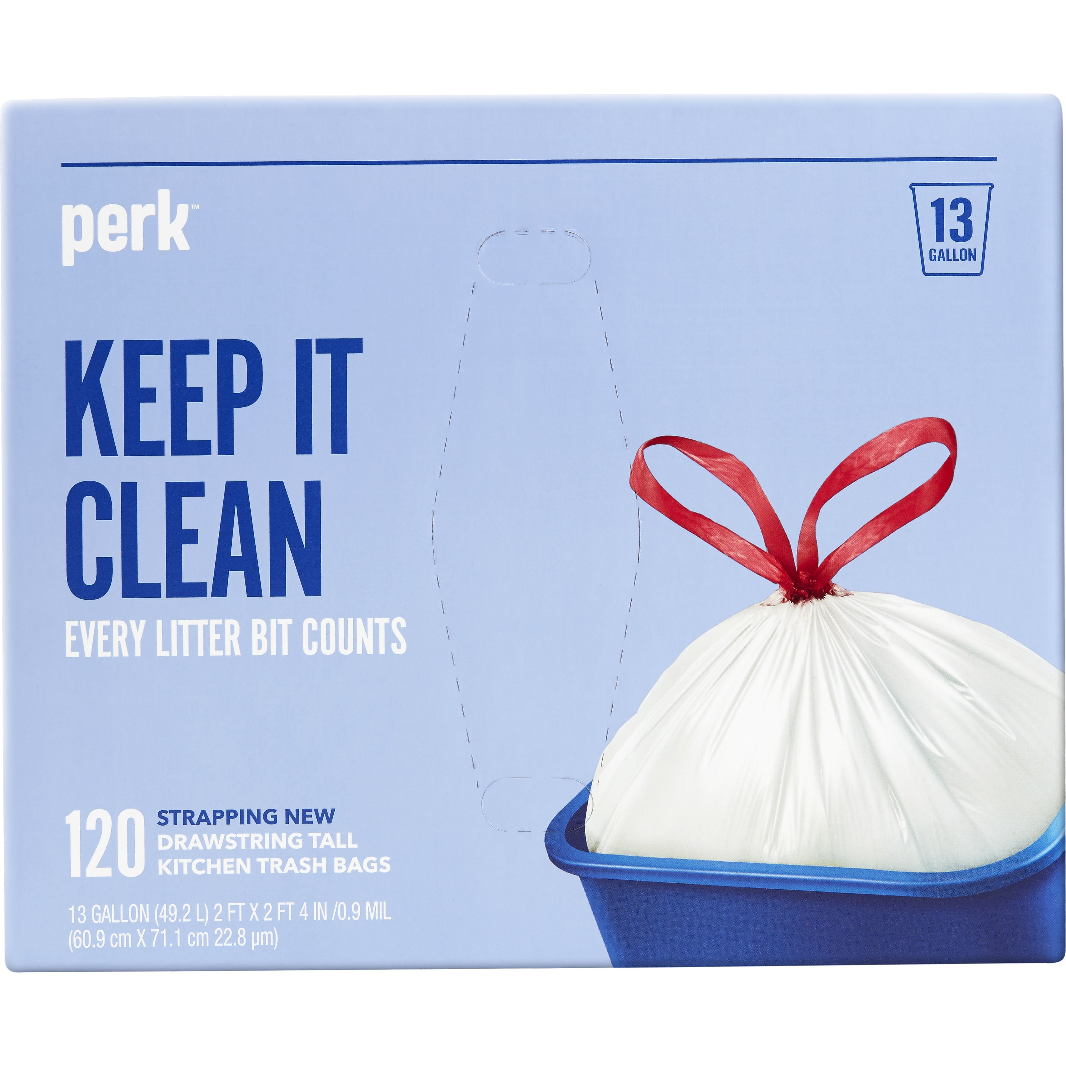 Perk 13 Gallon Kitchen Trash Bag, Low Density 0.9 Mil, White PK56750