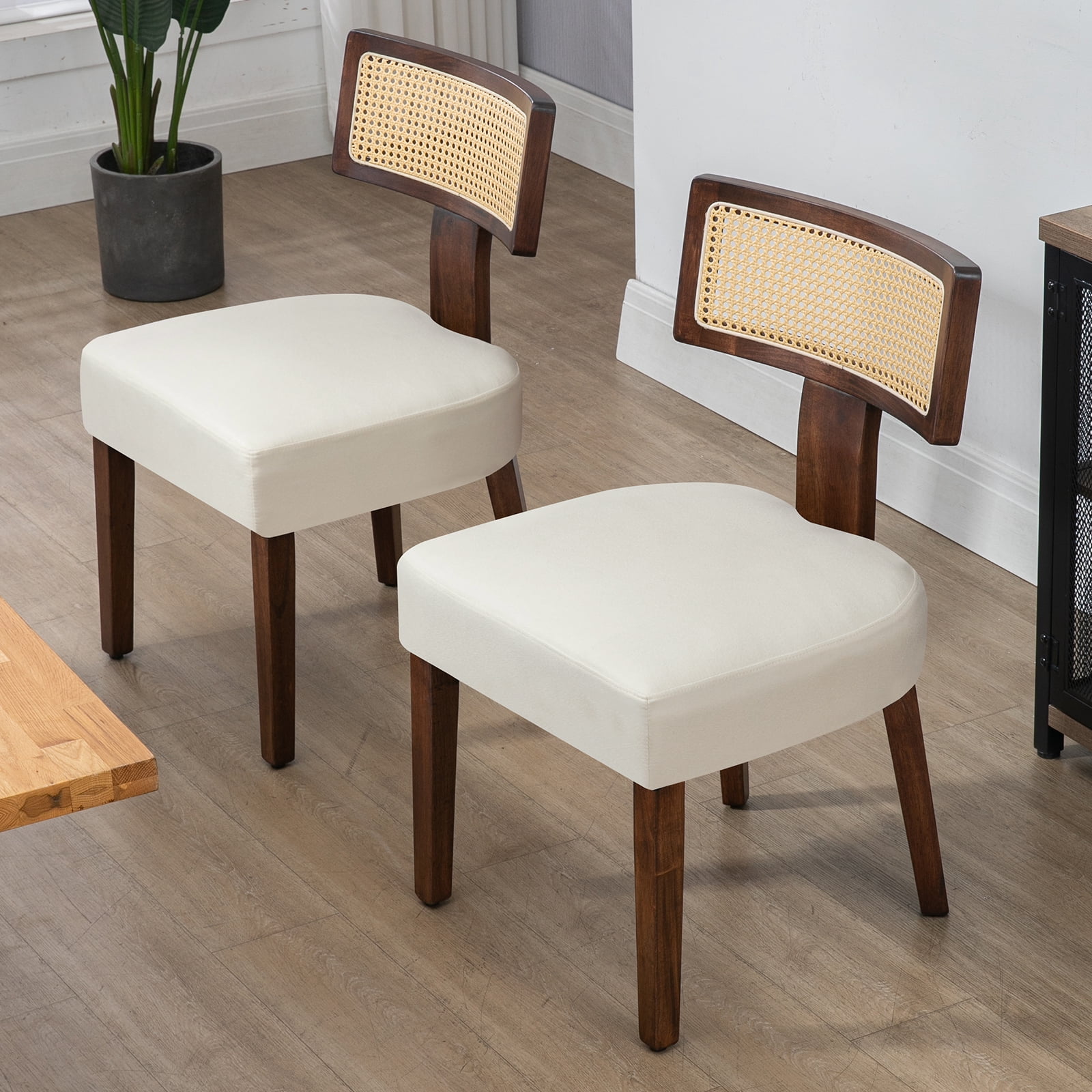 Rattan Dining Chairs Set of 2, Modern Kitchen Dining Room Chair with Curved Cane Back & Hardwood Frame in Walnut Finish, Cream Linen Upholstered