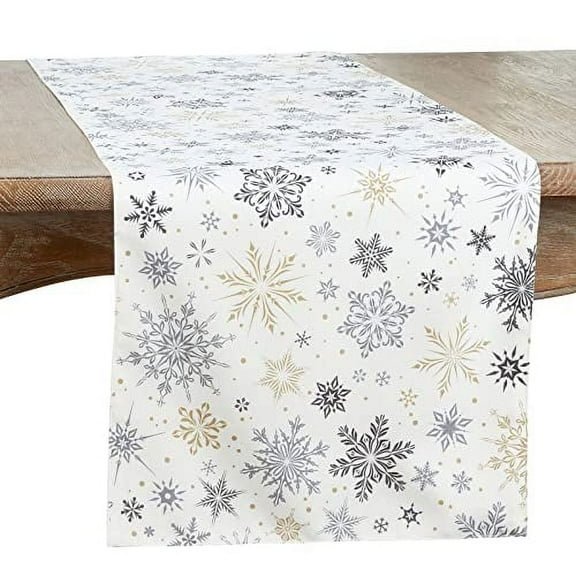 Fennco Styles Festive Snowflake Holiday Table Runner 16" W x 70" L - White Woven Table Cover for Home, Dining Room, Banquets and Christmas Décor
