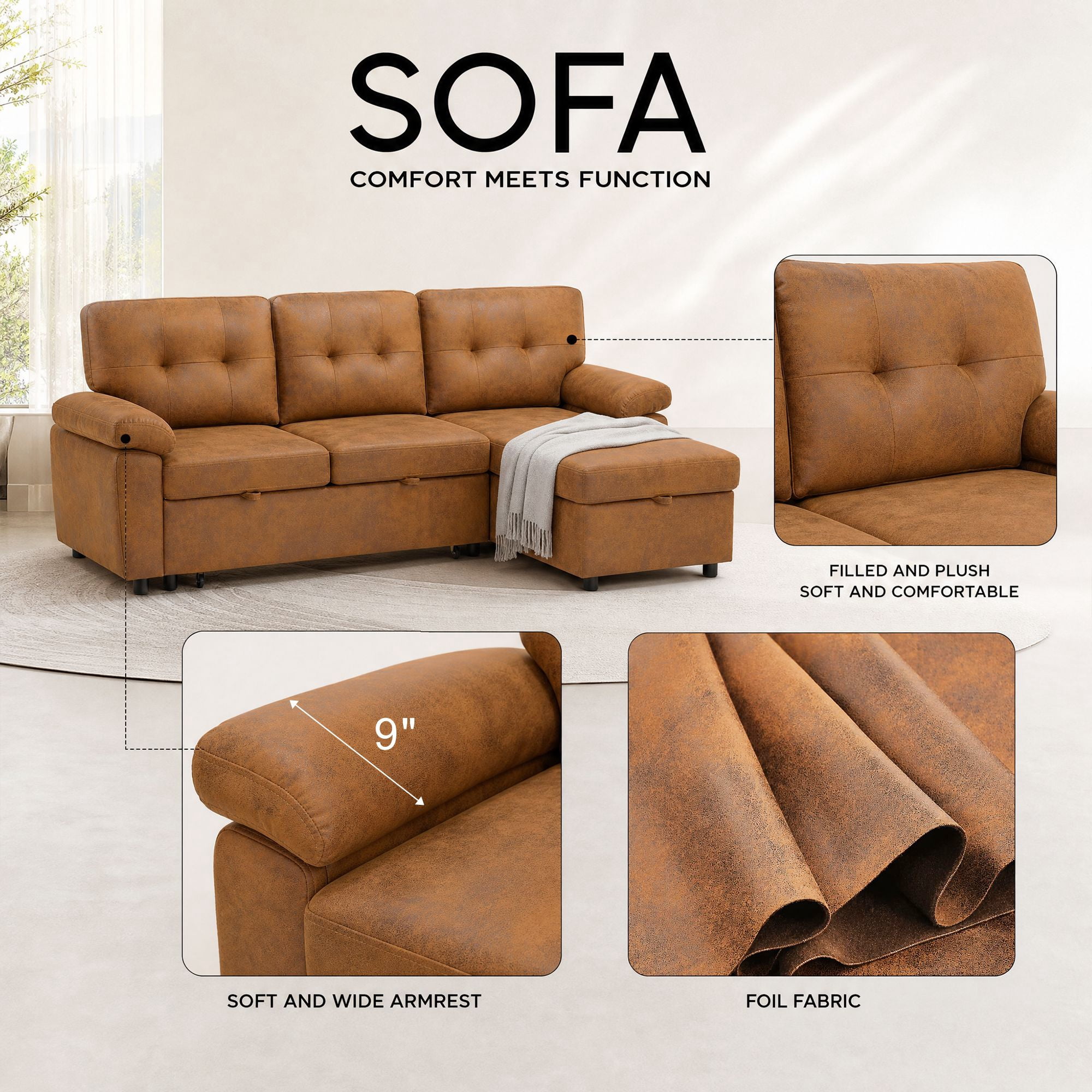 BSHTI 88.5" Polyester Fabric L-Shaped Sectional Sleeper Sofa Bed with Pull-Out Bed, Storage Chaise for Living Room( Light Brown)