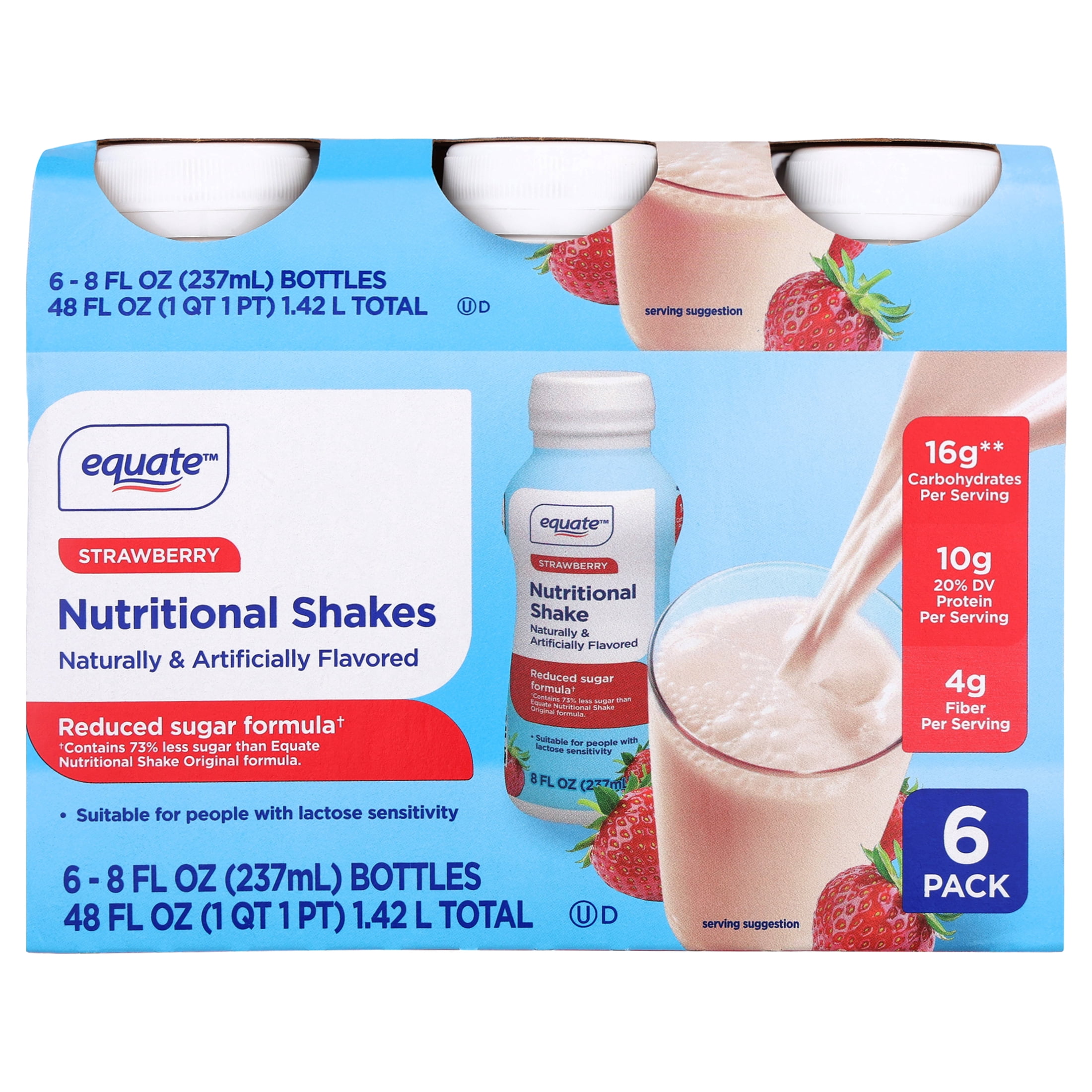 Equate Reduced Sugar Formula Nutritional Shakes, Strawberry, 8 fl oz, 6 Count