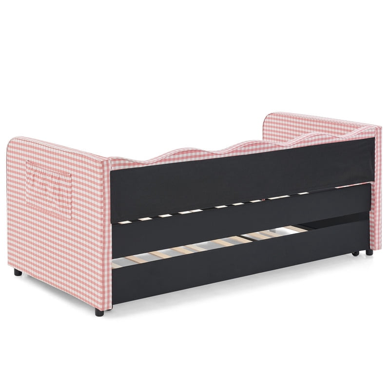 Twin Size Upholstery Daybed with Trundle, Twin to King Design Adorable Wave Shaped Extendable Gingham Sofa Bed for Living Room Bedroom, No Box Spring Required