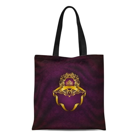 Ribbon Shield Insert KDAGR Canvas Tote Bag Elegant Golden Floral Filigree Gold Crown Shield Ribbons Place Durable Reusable Shopping Shoulder Grocery Bag ()