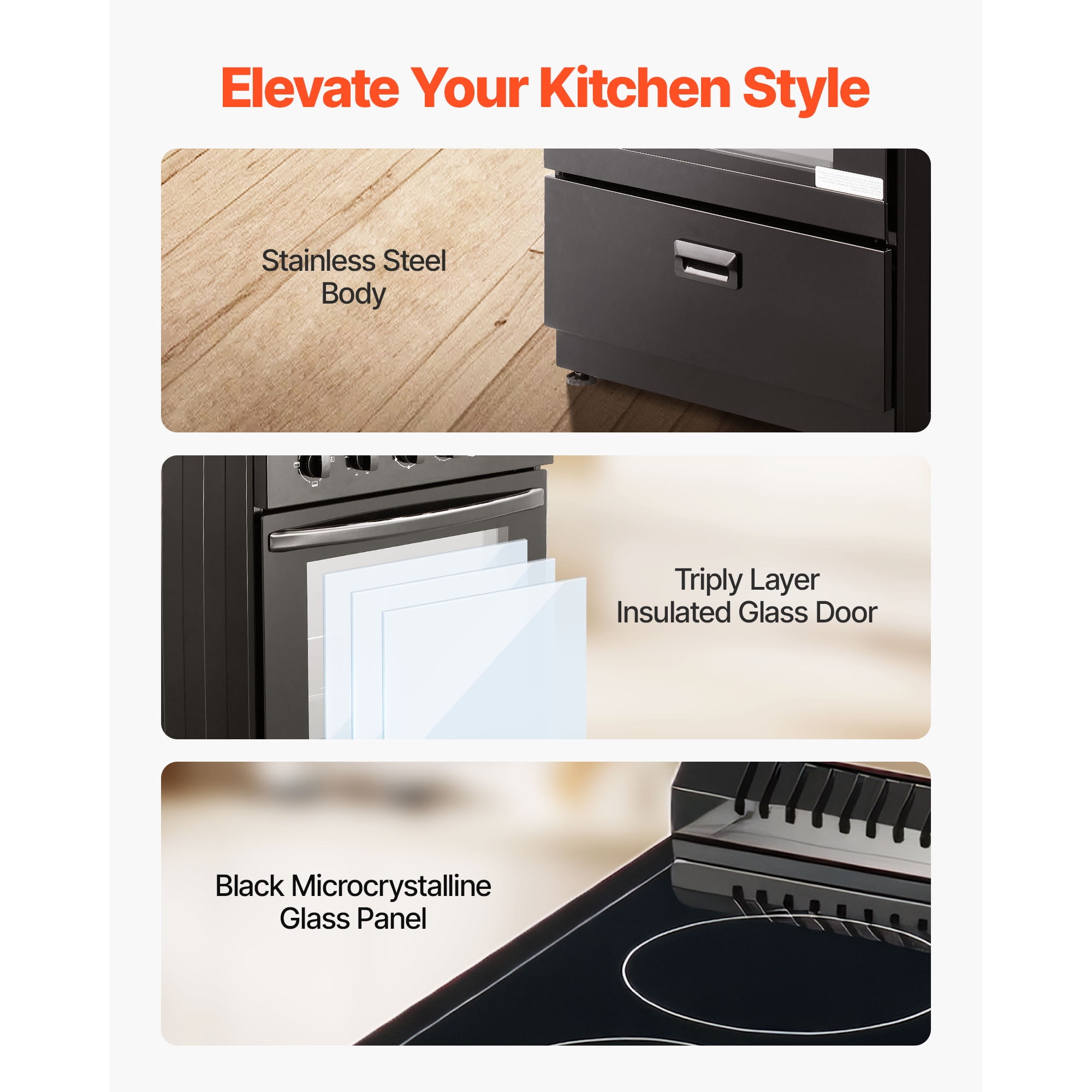 KFFKFF 24-inch Electric Range Oven, 2.7 Cu. Ft. Compact Freestanding Design, Stainless Steel Finish, Features 4 Burners, Adjustable Racks, Storage Drawer, Black (No power cord)