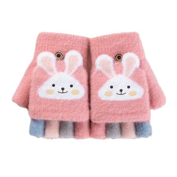 Kids Fingerless Gloves Convertible Flip Top Gloves Winter Warm Knit Half Finger Mitten for Kids - pink