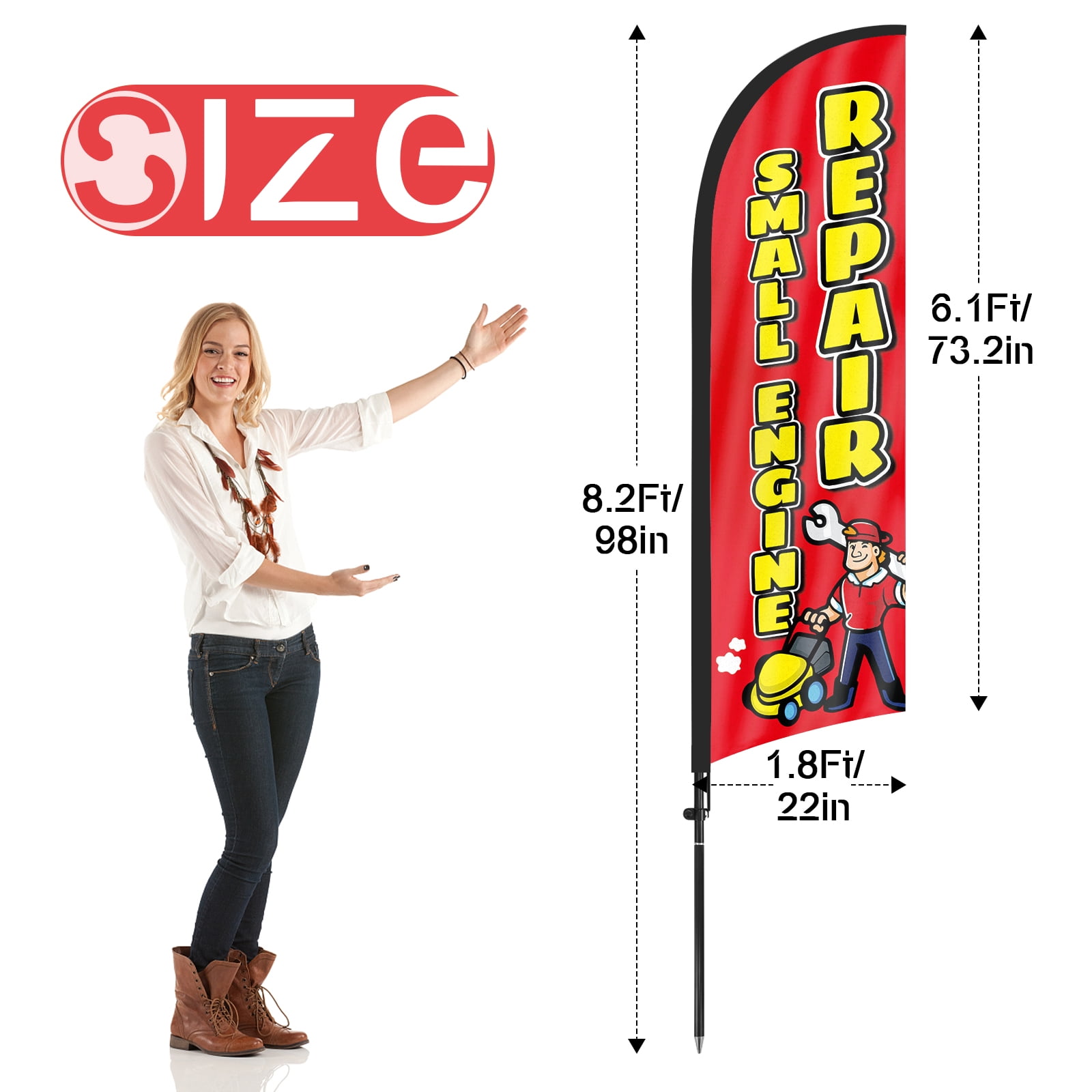 QSUM Small Engine Repair Feather Flag with Flag Pole Kit and Ground Spike, 8.2FT Small Engine Repair Windless Flag Banner Sign Business for Outdoor Advertising Sign Decoration Display