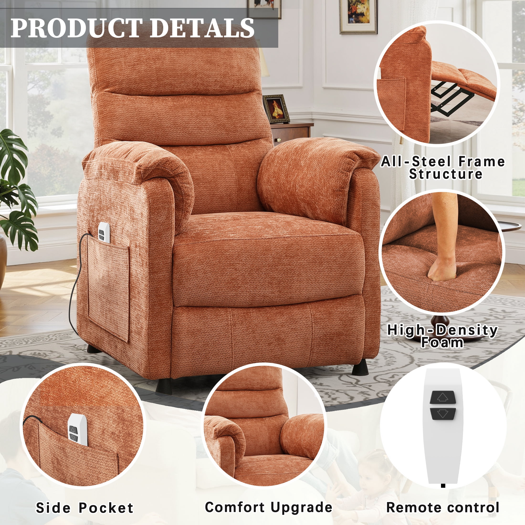 Power Recliner Chair Living Room with Adjustable Backrest and Footrest, Electric Recliner Chair for Adults(Chenille, Orange)