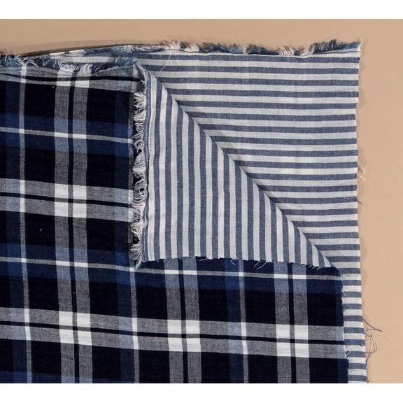 Cotton Robert Kaufman Super Soft Brushed Yarn Dyed Blue and White Plaid with Blue and White Striped Reverse Fabric by the Yard (SRK-20753-62INDIGO)
