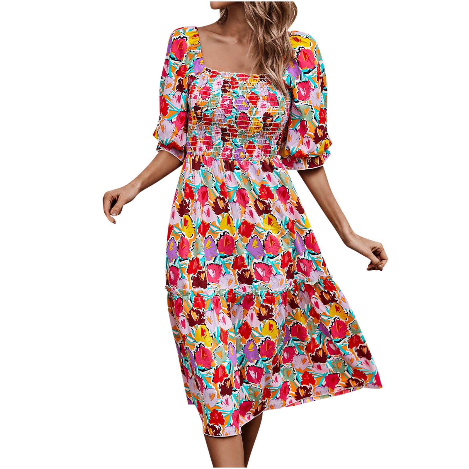 Bigersell Women's Boho Floral Dress Summer Square Neck Short Sleeve Midi  Dress Casual Loose Pleated A-Line Swing Beach Sundress Ruffle Tiered  Cocktail