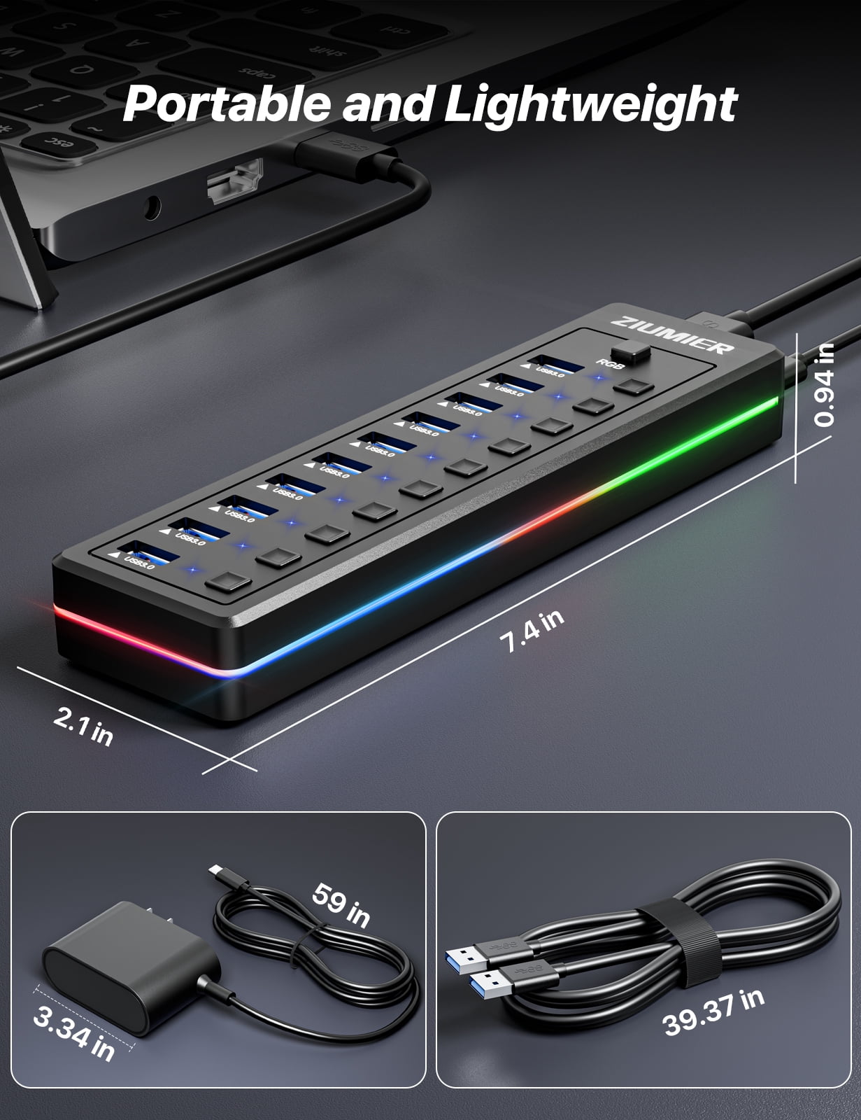 Powered USB Hub, 10-Port USB 3.0 Hub with RGB LED Strip -5Gbps Data Transfer,Individual LED On/Off Switches and 12V/2A Power Adapter for Laptop, PC, Mouse, Keyboard, Hard Drive or More USB Devices.