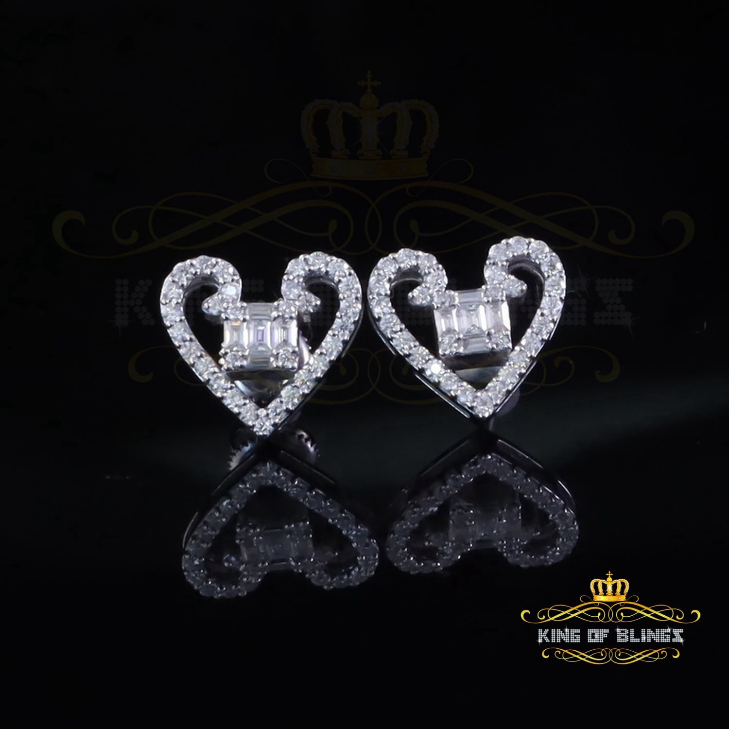 King of Bling's Men/Women Stud 925White Silver Heart Baguette Earrings 1.00ct VVS D Moissanite