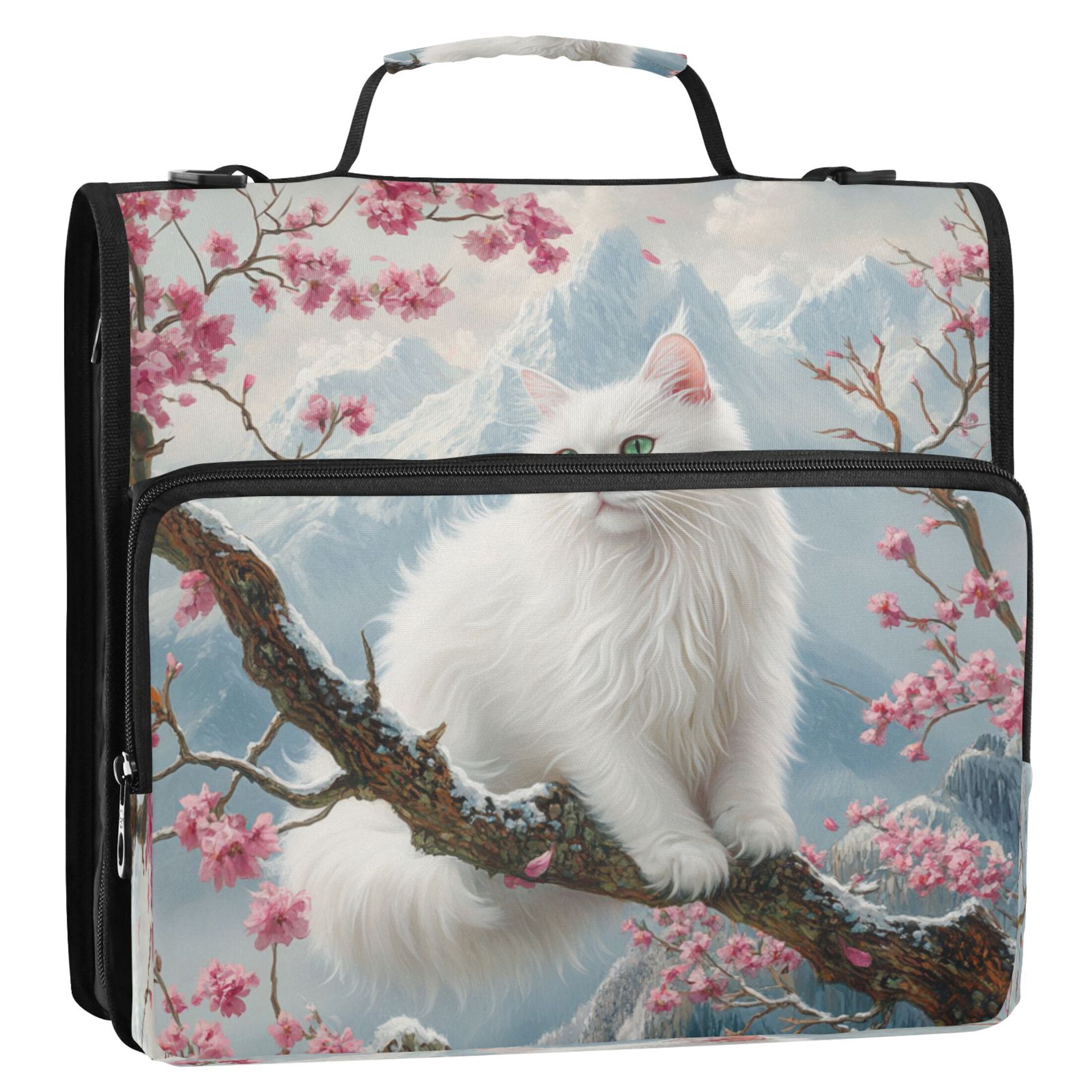 YAZAOO Zipper Binder trapper keeper Documents Organized Design White Cat on Cherry Blossom Branch Printed