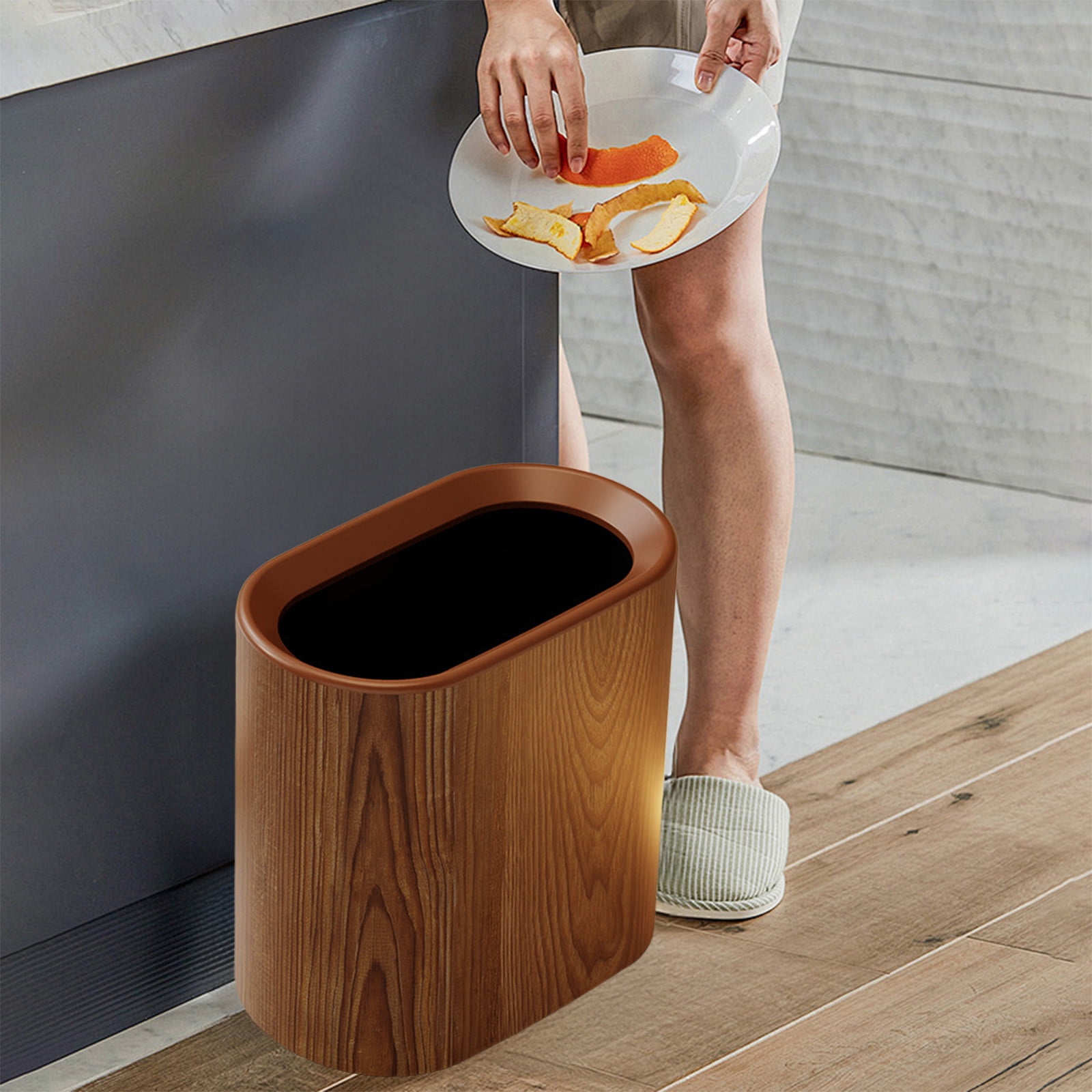 Plastic Wood Pattern Trash Can Small Garbage Bin without Lid for Bathroom Narrow Wastebasket Modern Wastebasket for Home Indoor Hotel, 6x11x11in