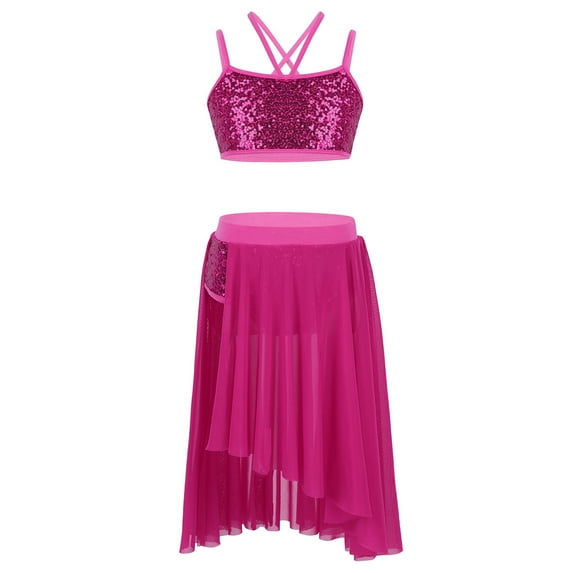 DPOIS Kids Girs 2 Pieces Sequined Ballet Lyrical Dance Dress Bra Top with Mesh Skirts Set
