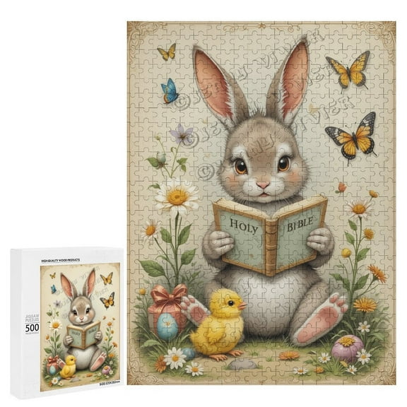Cute Rabbit Reading The Holy Bible Jigsaw Puzzles for Adults 500 Pieces, Unique Brain Challenging Shaped Puzzle for Game Night, Family, Friends, Puzzle Size is 20.5" x 15.0"