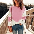 thumbnail image 2 of Suéter de punto informal con cuello redondo y mangas caídas para mujer, suéter de punto informal con empalme de colores para primavera, otoño e invierno, color rosa S, 2 of 5