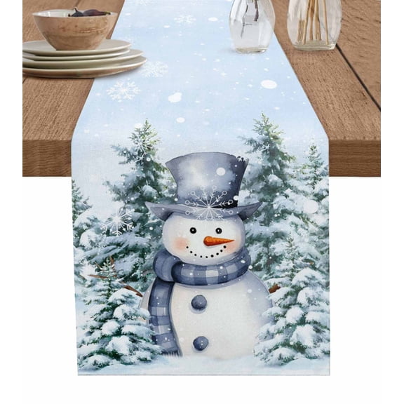 Snowman Christmas Table Runner 72 Inches, Blue Green Xmas Tree Snowflake Bed Runner Dresser Scarves Tabletop for Indoor Outdoor Parties/Ceremony/Banquet, 18" x 72"