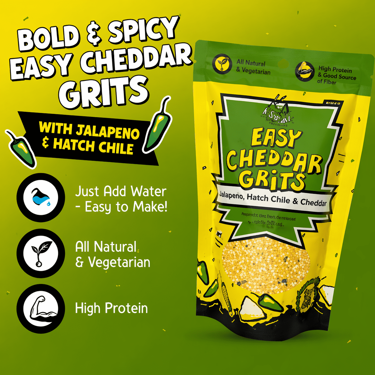 (3 pack) FishSki Provisions Jalapeno Hatch Green Chile Cheddar Yellow Corn Grits, Dry Mix, Easy to Prepare, Shelf-Stable, Bag, 6 oz