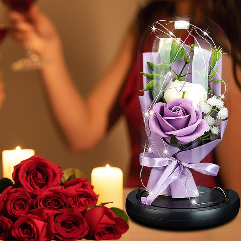 Model Valentine's Soap LED Ornament Bouquet Light Day Rose Cover Two Gift  Decoration Imitation Glass Home Decor Artificial Flower Heads Winter