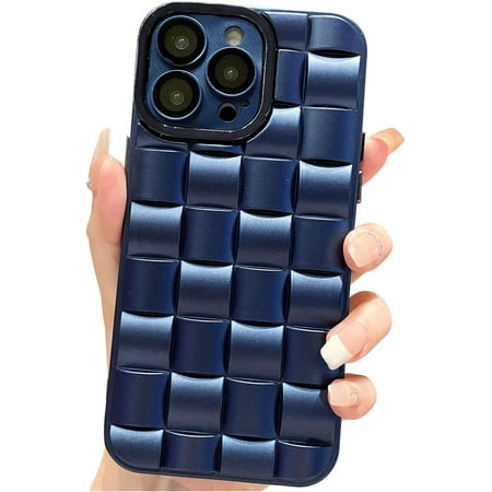 for iPhone 14 Pro Case for Women Men, Fashion 3D Woven Pattern Bump Feel, with Full Camera Protection Back Cover, Grid Phone Case for iPhone 14 Pro (6.1") - Blue