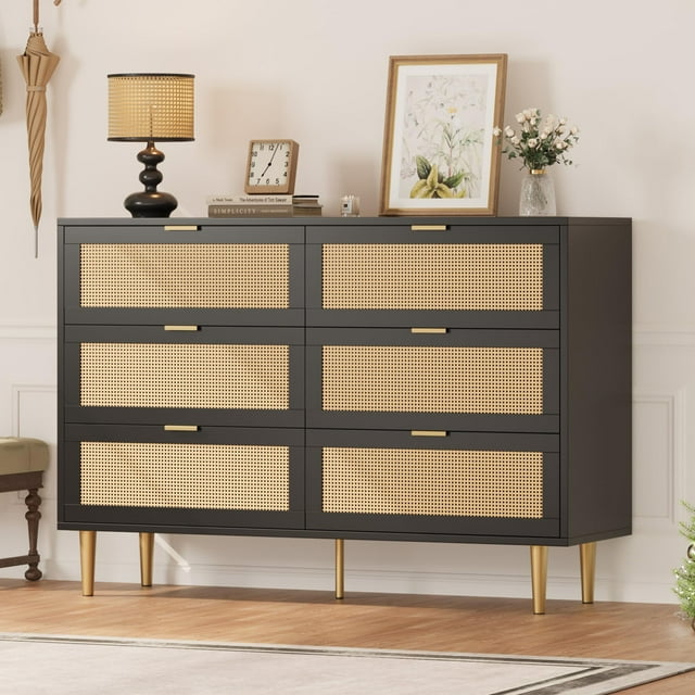 Commode à 6 Tiroirs avec 5 Pieds en Métal, Commode Rustique en Rotin avec Poignées Dorées, Grand Commode à Double Tiroir pour Chambre, Salon