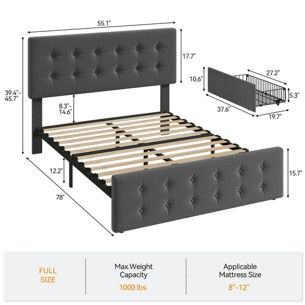 Cama Completa con 4 Cajones y Cabecera, Marco Tapizado en Lino con Soporte de Listones de Madera, Diseño con Botones