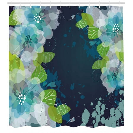 Navy Shower Curtain, Sketchy Abstract Blossoms Flowers with Leaves on Grunge Backdrop, Fabric Bathroom Set with Hooks, Navy Blue Pale Green and White, by Ambesonne