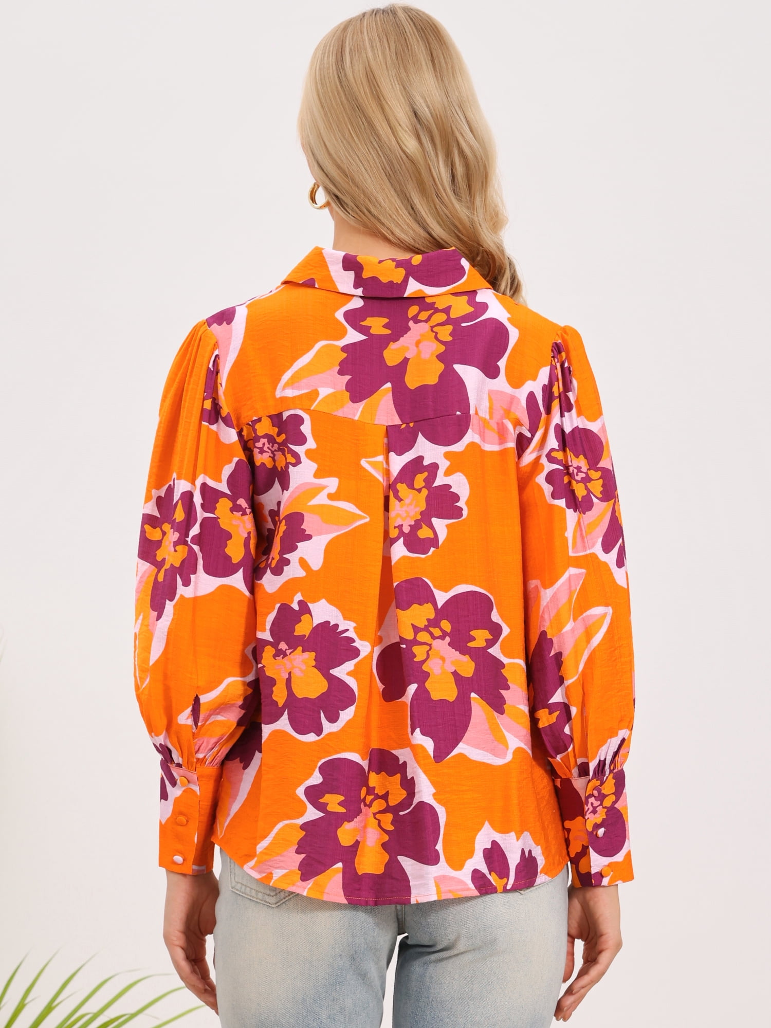 DARING DIVA Women's Boho Floral Blouse Shirt Lantern Long Sleeve Button Down M Orange