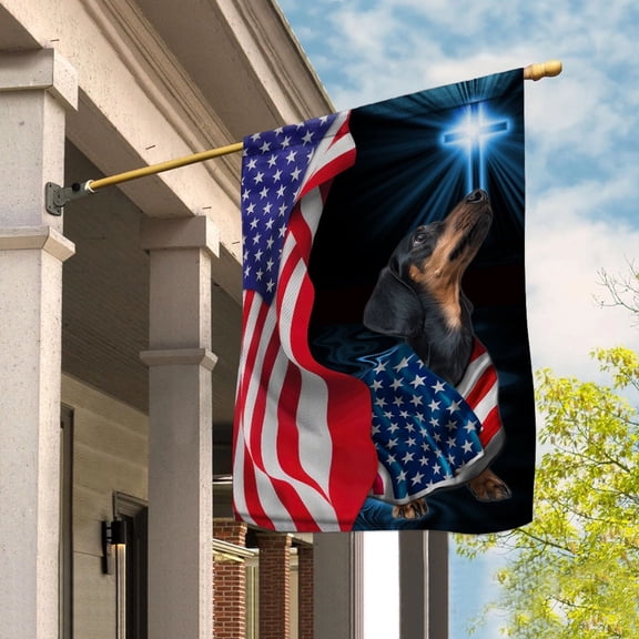 Flag Dachshund Dog Wearing Flag American Patriot Proud Standing Under The Cross Christian House Flag, Double-Sided Decorative Outdoor Flag, Patriotic Polyester Yard Flag 29.5 x 39.5 in