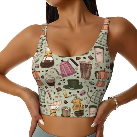 Jgfou Coffee Makers Macaroons Chocolate Print Womens Sports Bra - Padded Workout Sports Bras Crop Tank Top