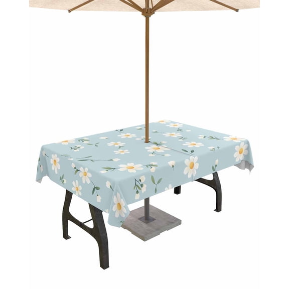 Hokiten Outdoor Tablecloths with Umbrella Hole & Zipper, White Daisy Farmhouse Rectangle Tablecloth 52x70 Inch, Pastoral Botanical Floral Waterproof Table Cloth, Patio/Pool/Picnic Table Covers