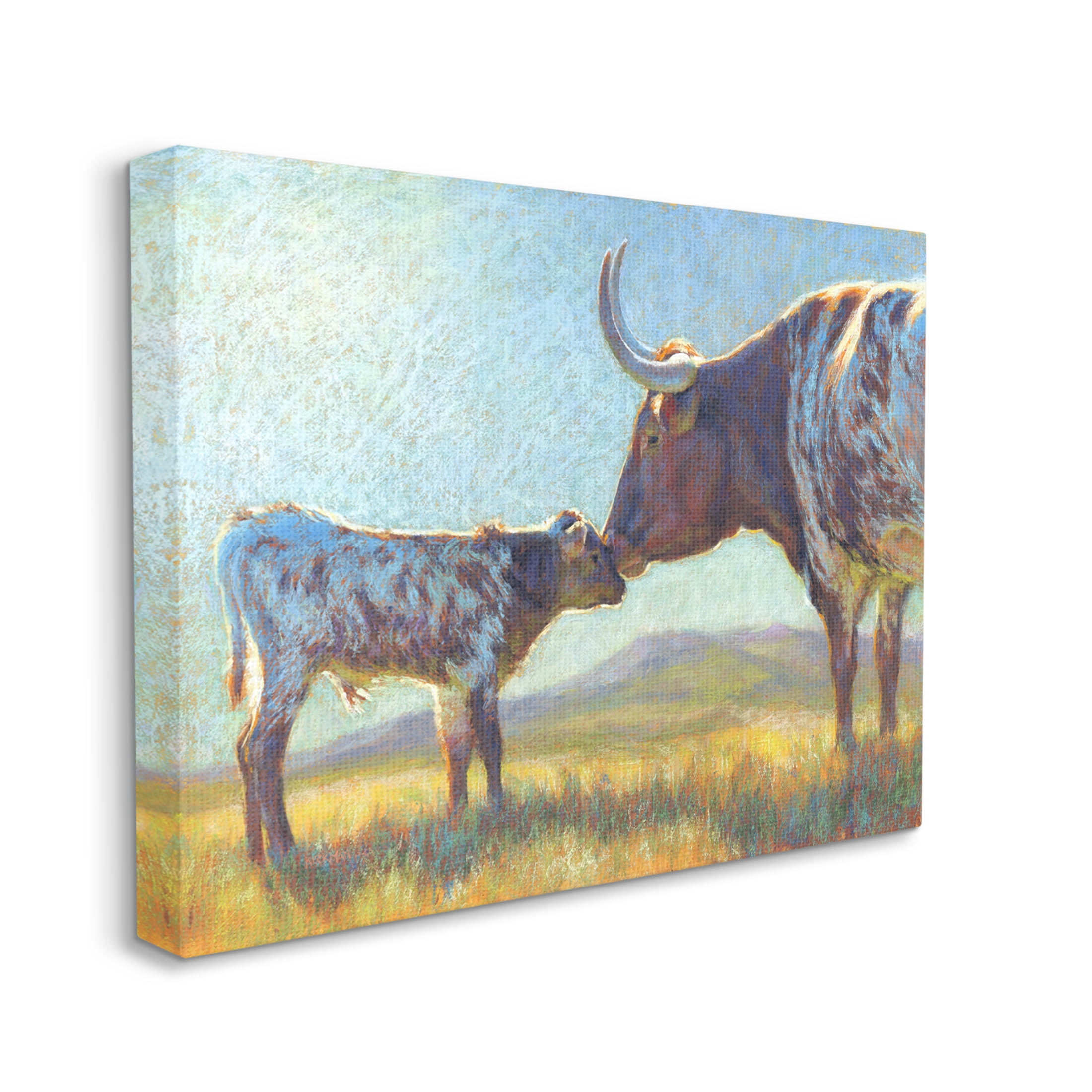 Mother Cattle Calf Sunlit Farm Animals & Insects Painting Gallery Wrapped Canvas Print Wall Art